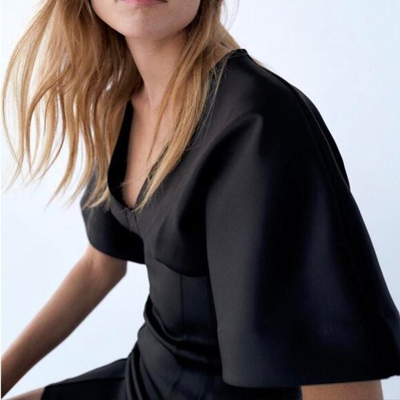 Zara Neoprene Effect V-Neck Black Mini Dress Women Size S NEW WITH TAG! - Picture 2 of 12